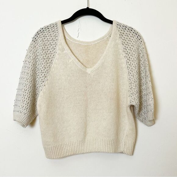 FaBE Vintage Ramie Angora Lambswool Blend Embellished Sleeve Cropped Sweater, MD - Picture 3 of 6